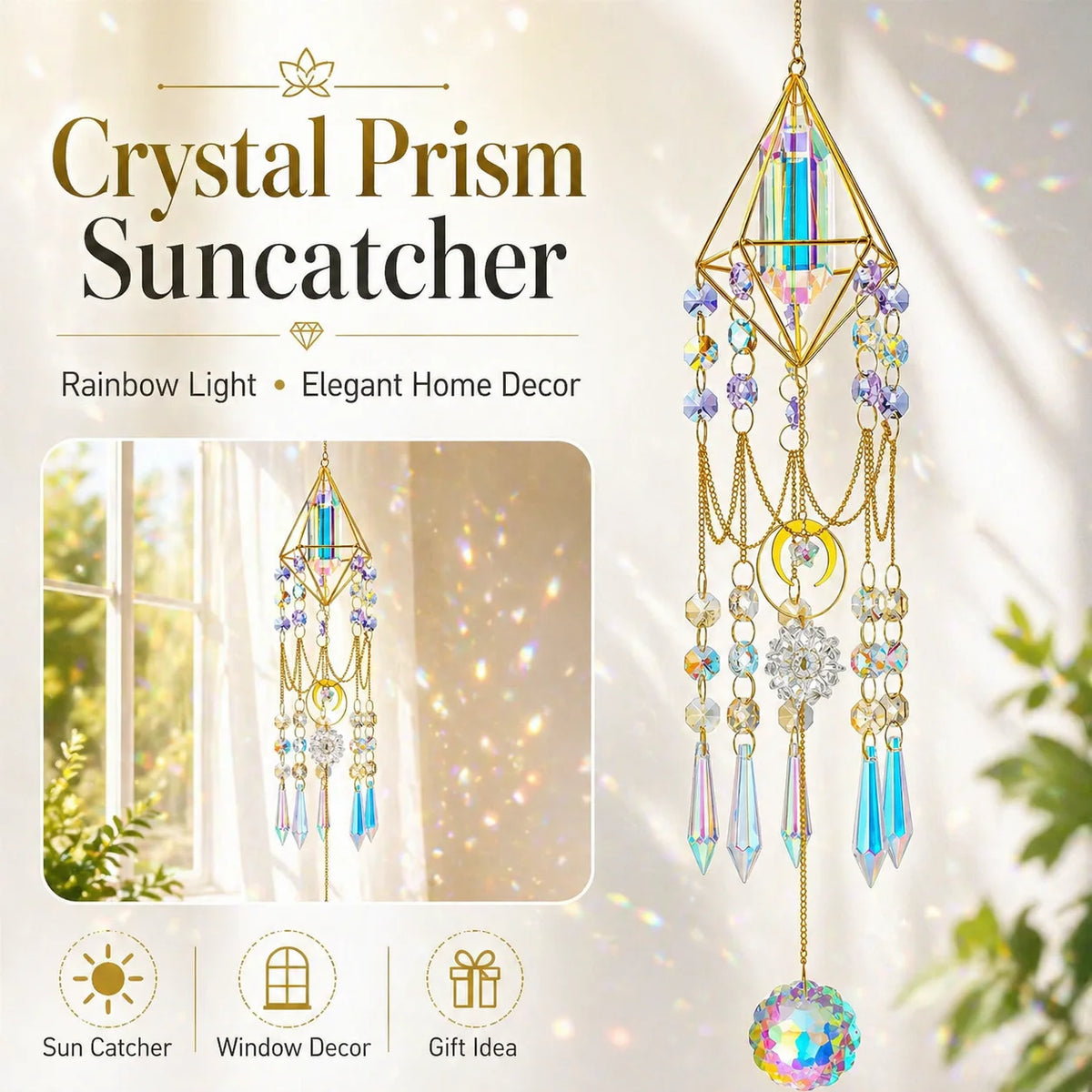 Crystal Prism Suncatcher – Gold Geometric Rainbow Window Decor