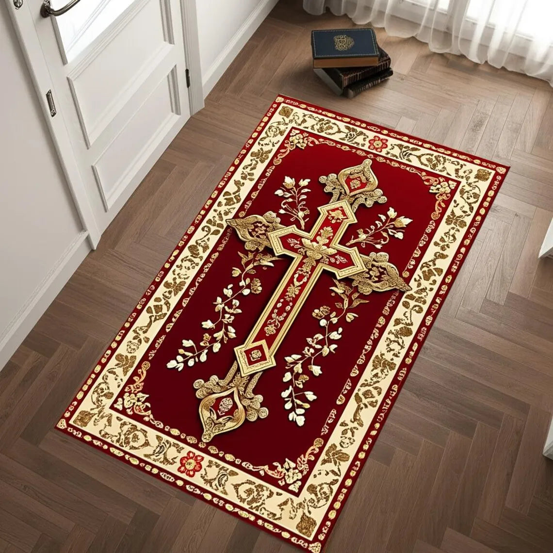 Luxury Red Gold Cross Prayer Rug – Religious Worship Carpet