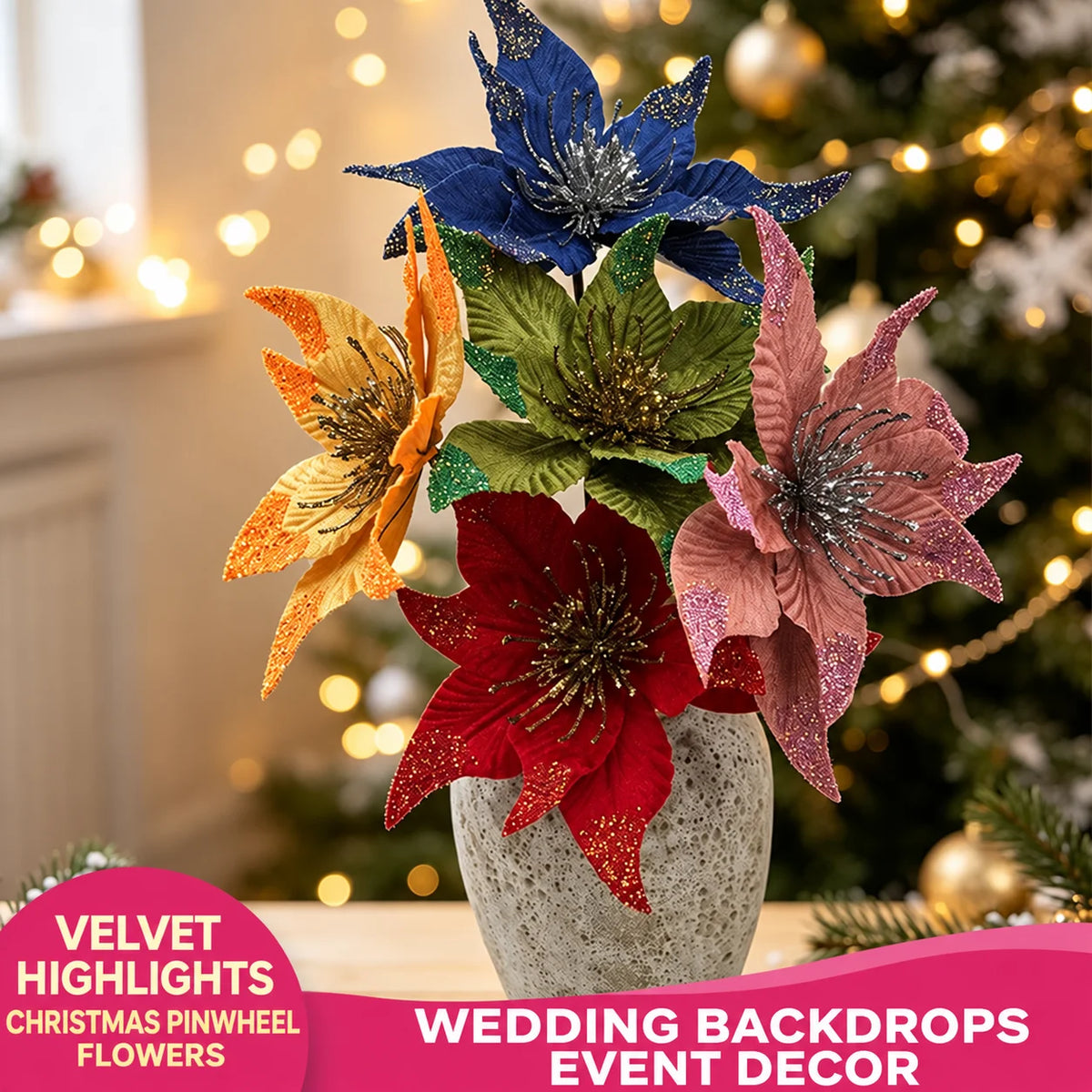 Velvet Flocked Glitter Artificial Christmas Flower Stem