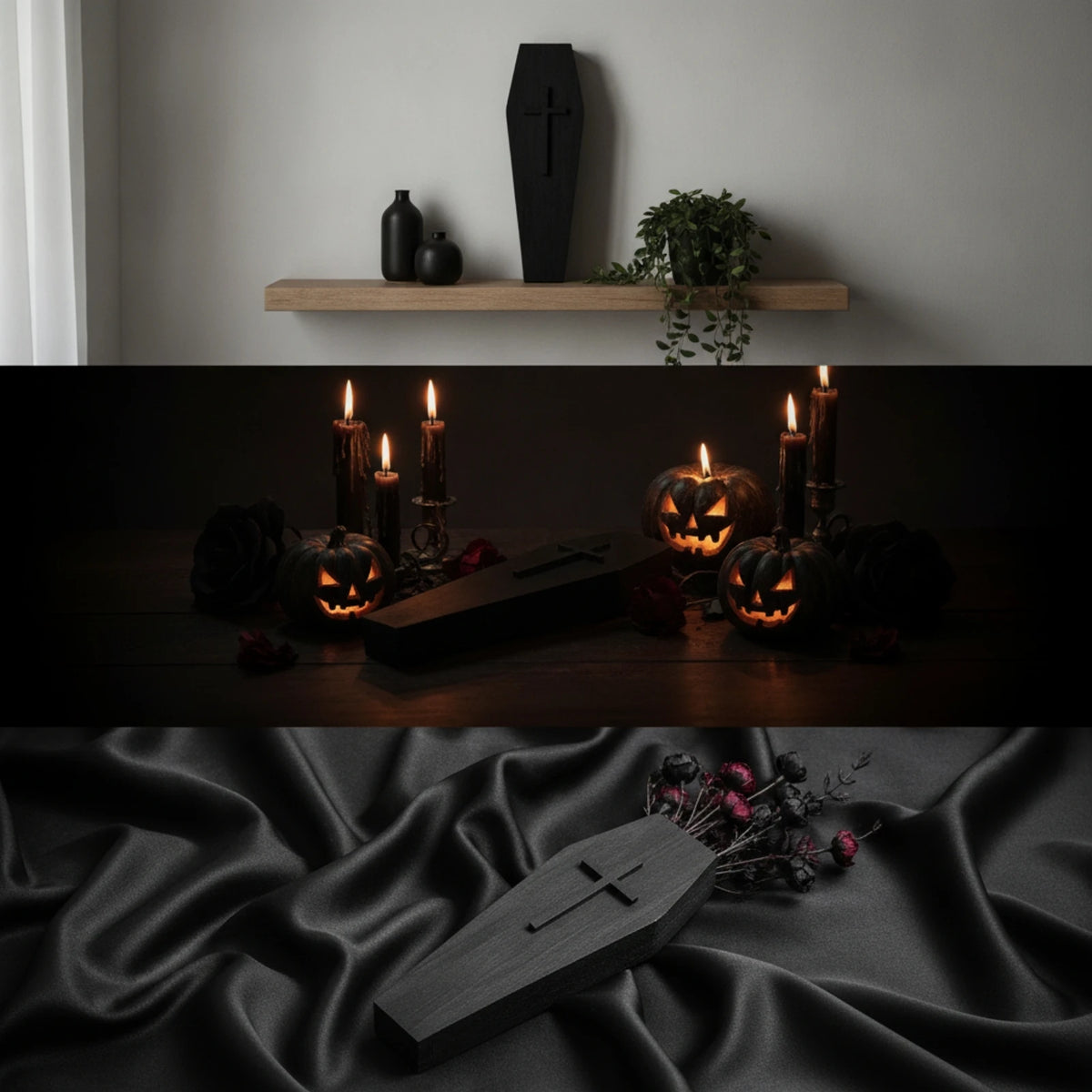 Gothic Casket Plaque with Cross | Slim Wood Wall Sculpture