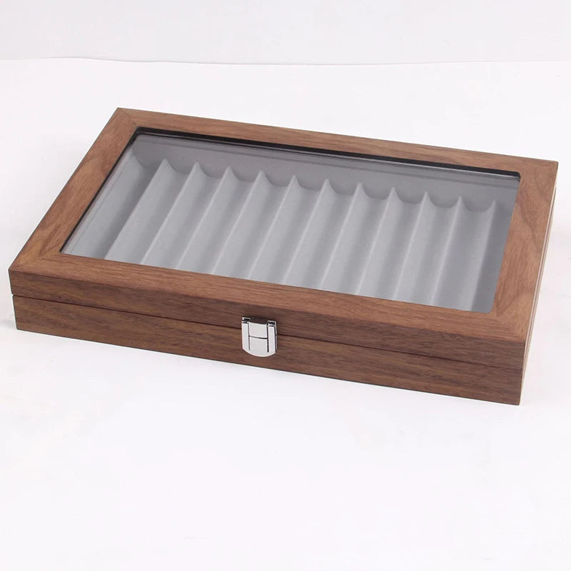 Wood & Glass Pen Display Case – 12-Pen Organizer Box with Lid