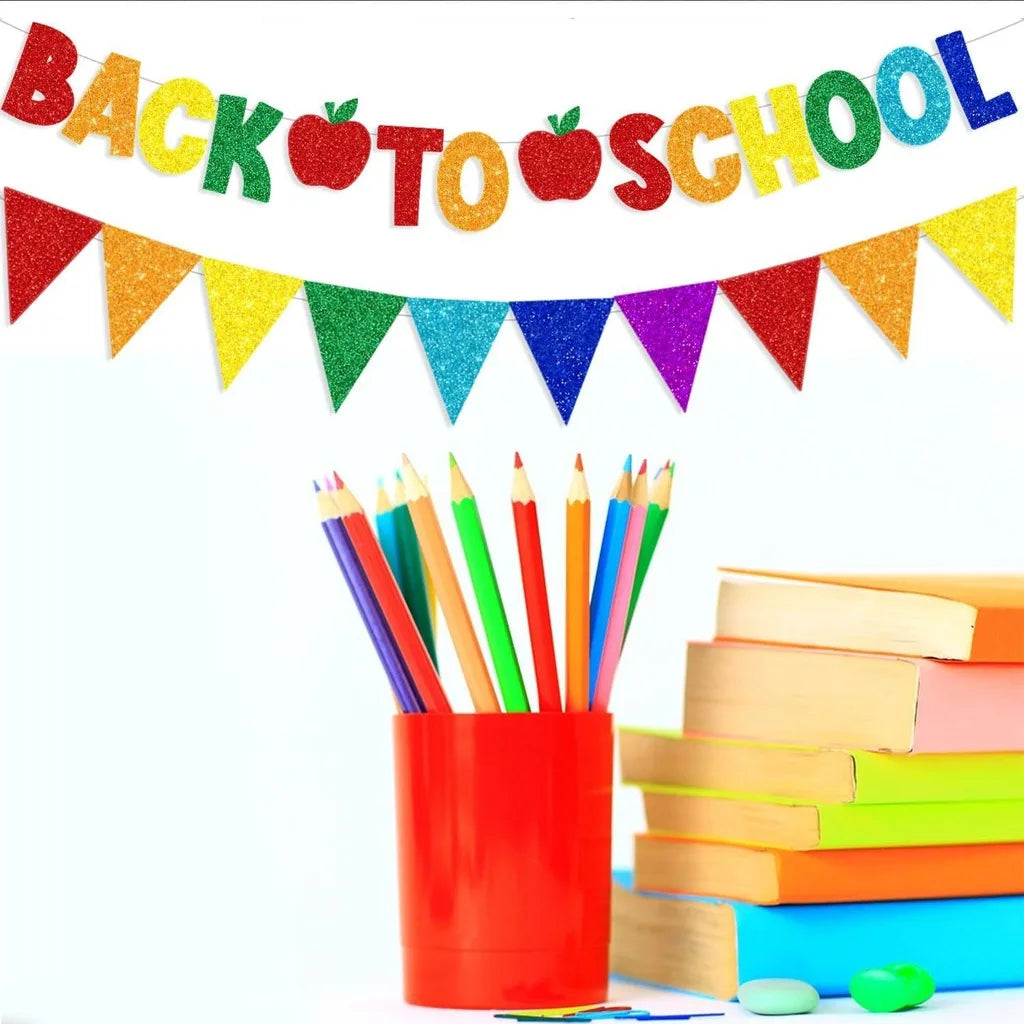 2-Pack Glitter Back to School Banner & Triangle Bunting Set