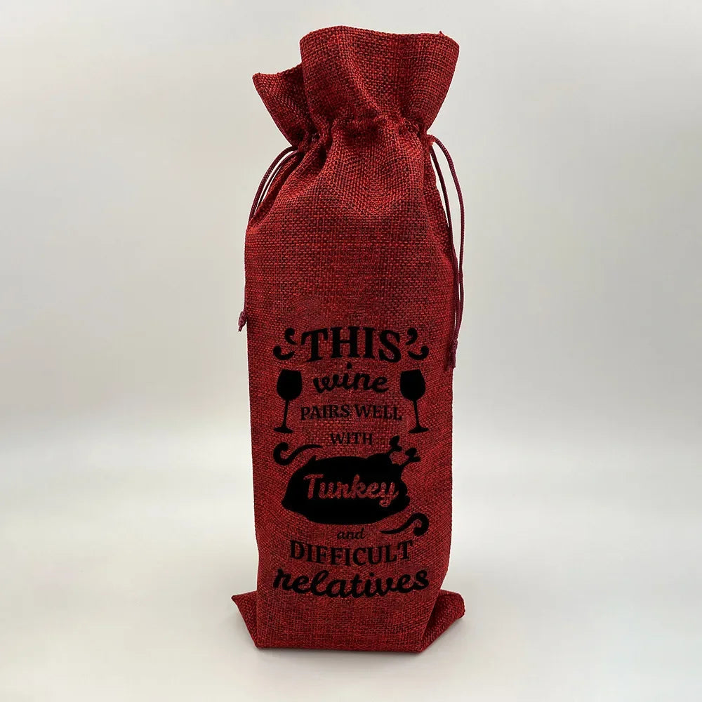 Wine Print Burlap Drawstring Bag – Reusable Eco Gift Pouch