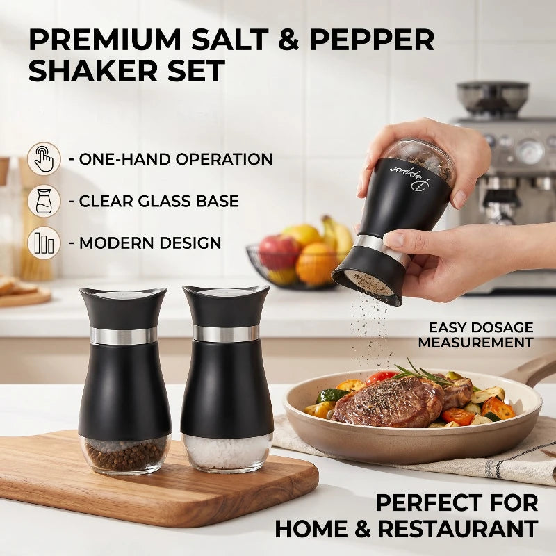 Glass Salt & Pepper Shaker Set – Rotatable 2-Pc Spice Jars