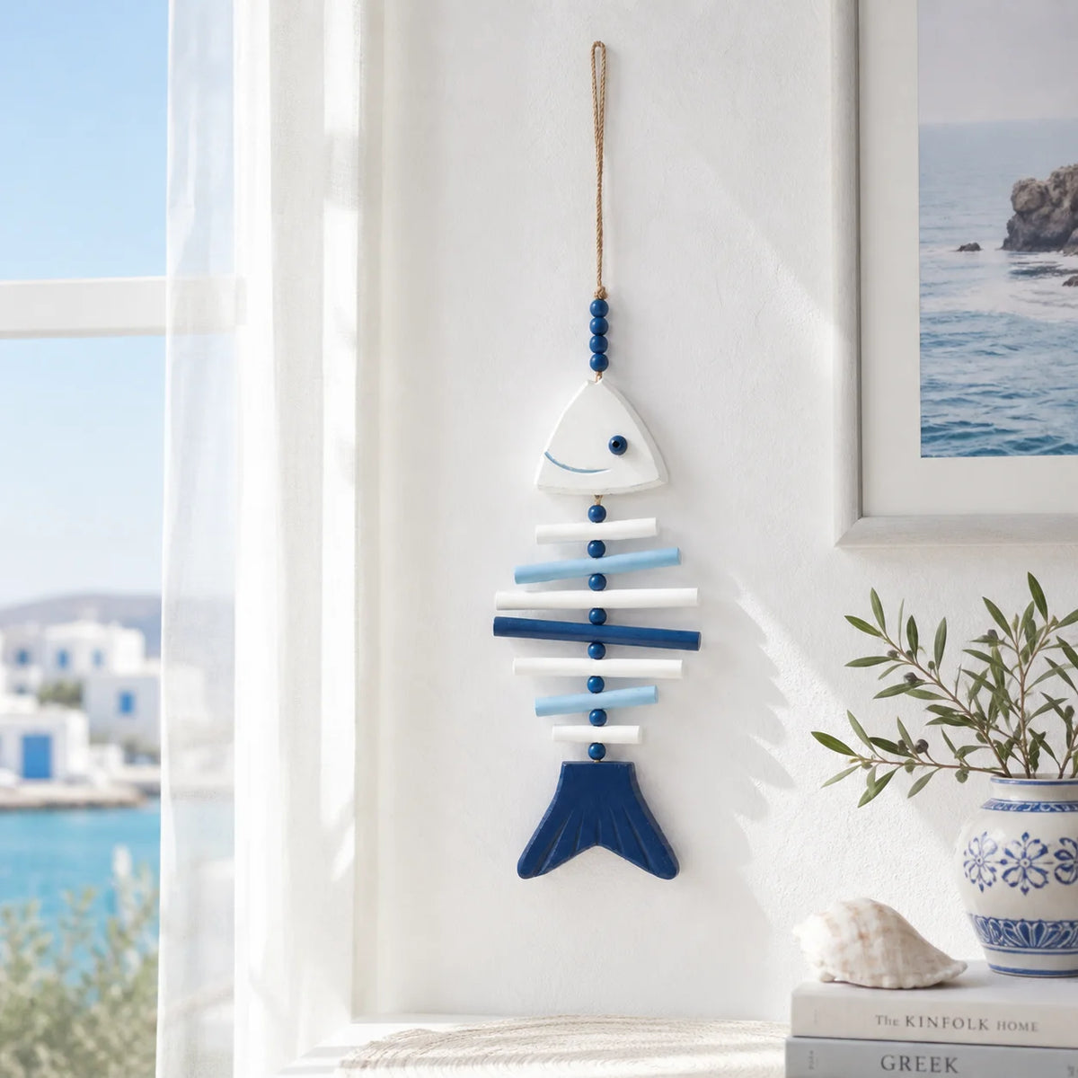 Wooden Fish Bone Wall Hanging – Blue White Nautical Coastal Decor