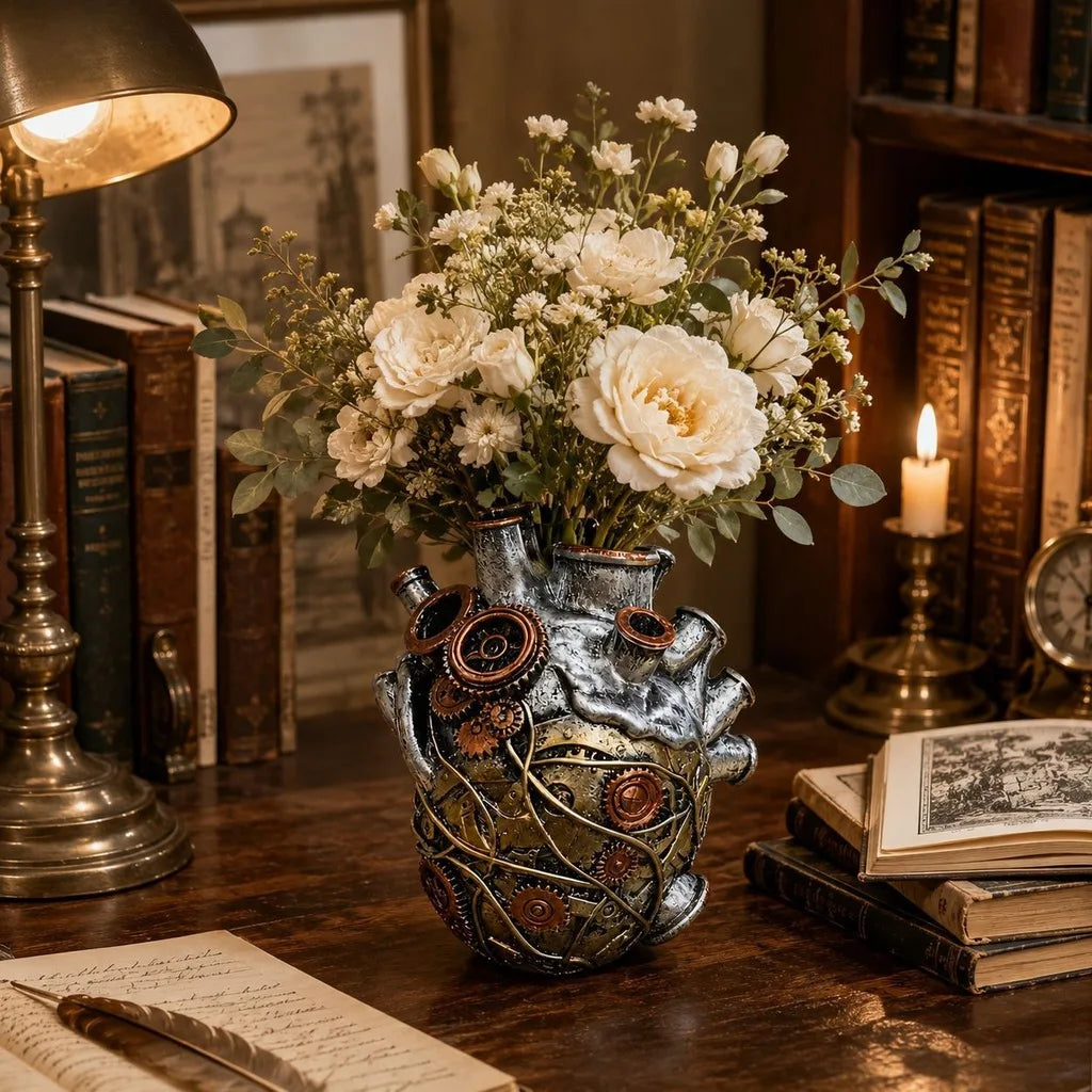Steampunk Heart Resin Vase – Mechanical Gear Home Décor