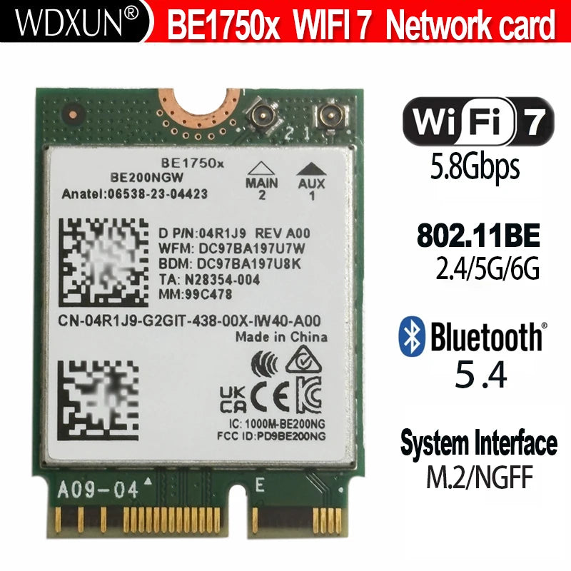 WDXUN BE1750X Wi-Fi 7 Tri-Band M.2 Card 5.8Gbps BT5.4