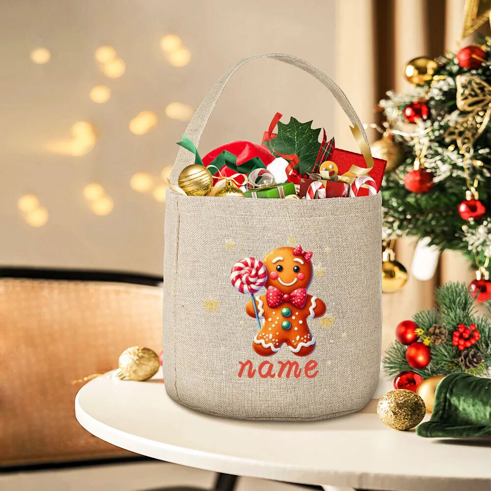 Personalized Christmas Gingerbread Man Linen Gift Bag