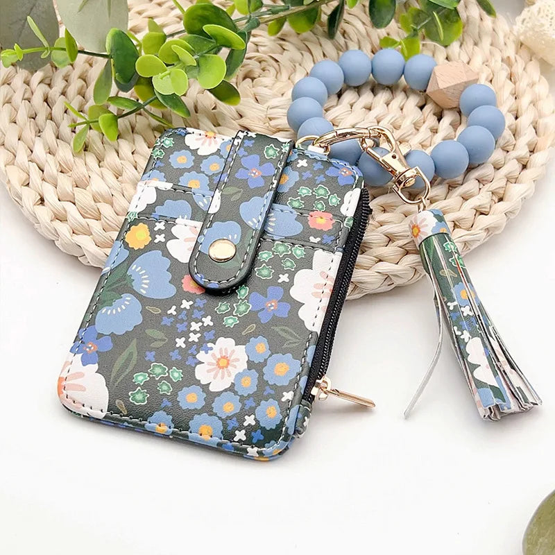 Floral PU Leather ID Card Wallet & Beaded Wristlet for Women