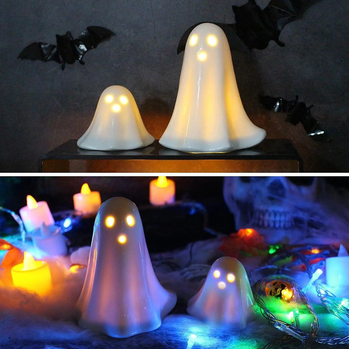 Halloween Ceramic Ghost Statues with LED Light | 2-Pack