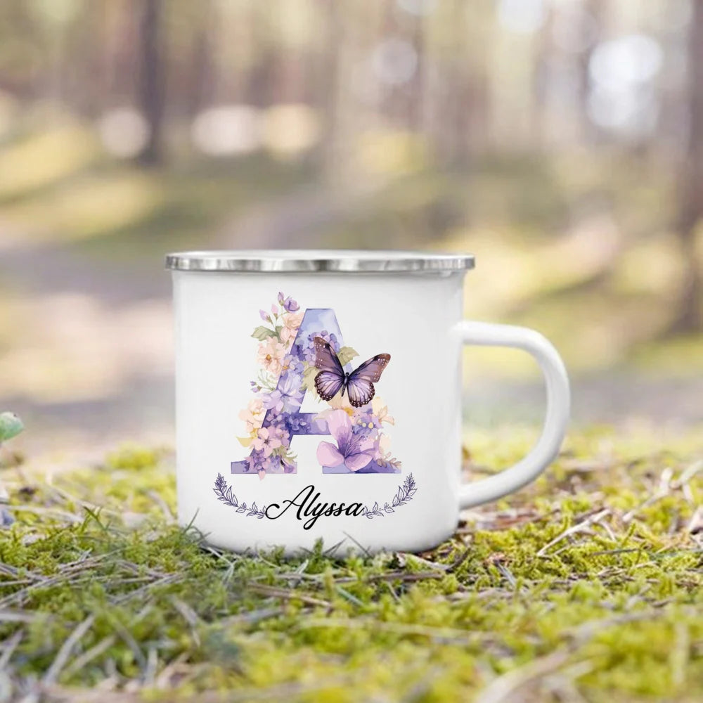 Personalized Floral Initial Enamel Mug | Custom Name Coffee Cup