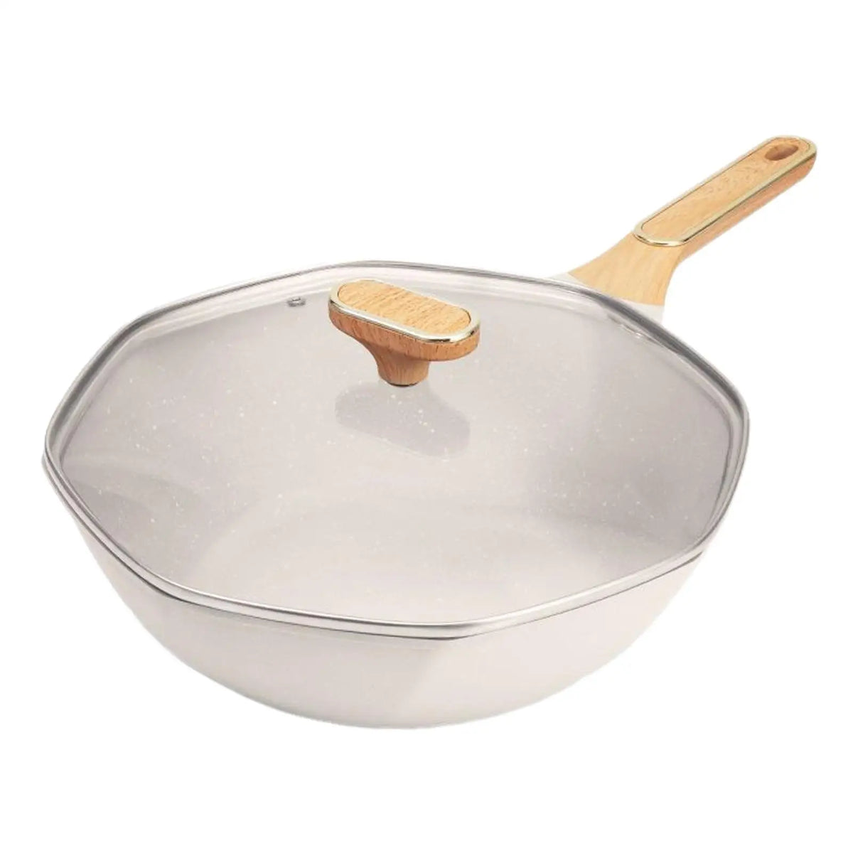 Octagonal Nonstick Iron Frying Pan with Lid & Wood Handle