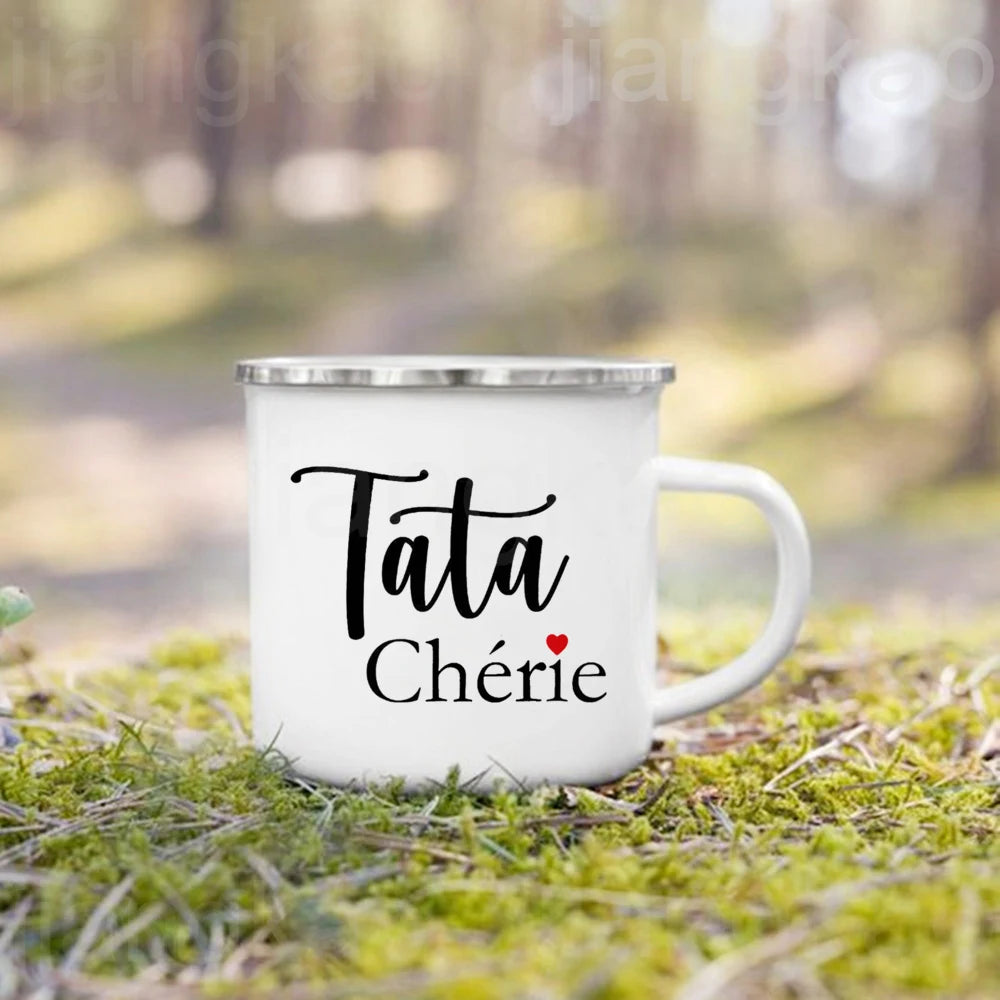 French Print Enamel Camping Mug – Family & Godparent Gift