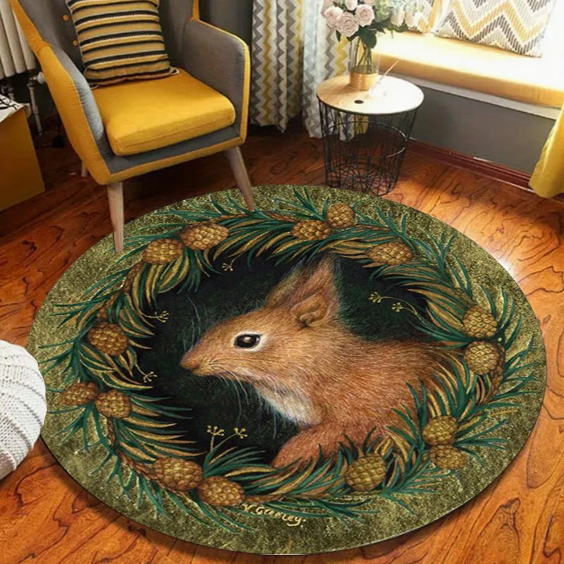 Vintage Boho Round Area Rug – Cat & Dog Botanical Print