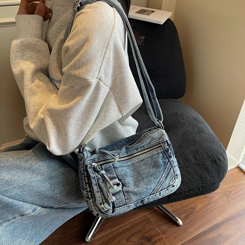 Retro Washed Denim Crossbody Bag | Multi-Pocket Square Bag
