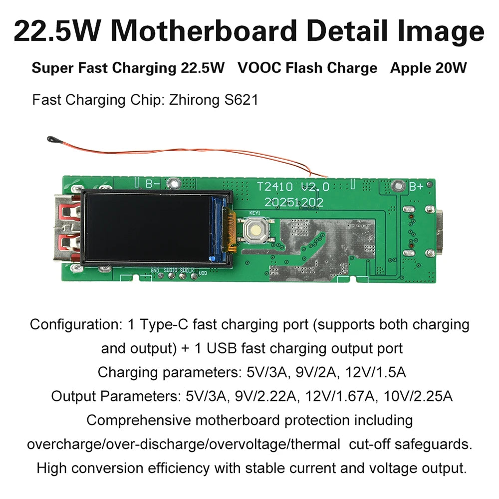 22.5W Fast-Charging DIY Power Bank Kit | TFT Display Module