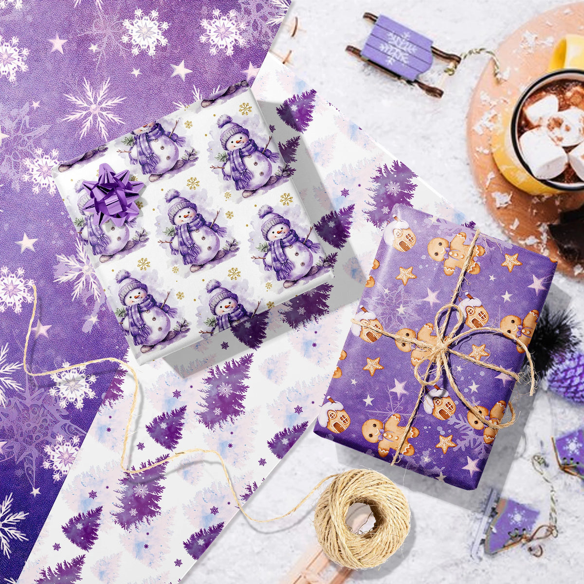 12-Sheet Christmas Wrapping Paper – Purple Snowflake & Snowman