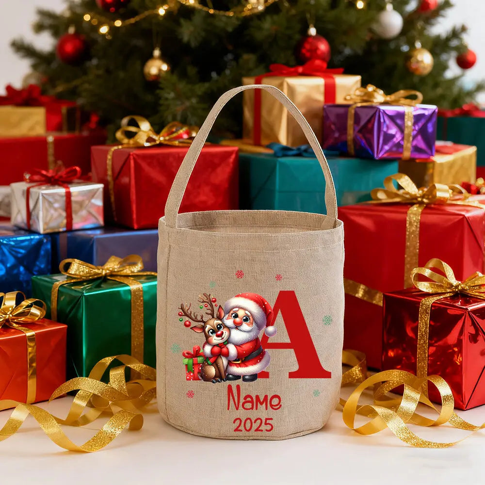 Personalized Christmas Santa Linen Gift Bag with Name