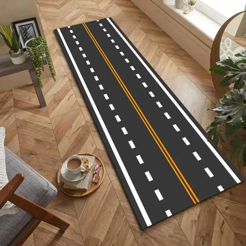 Modern Road Runner Rug – Black Highway Carpet Mat for Kids