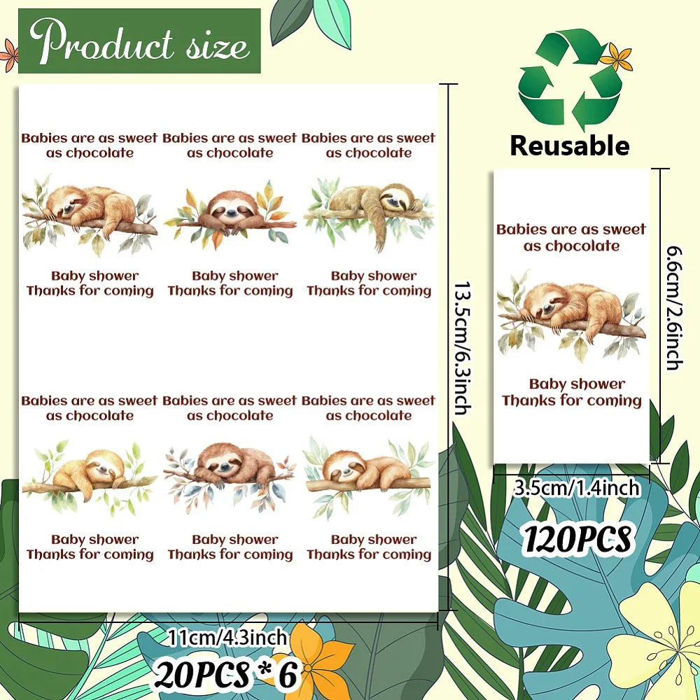Sloth Baby Shower Mini Candy Bar Wrapper Stickers 120 Pcs