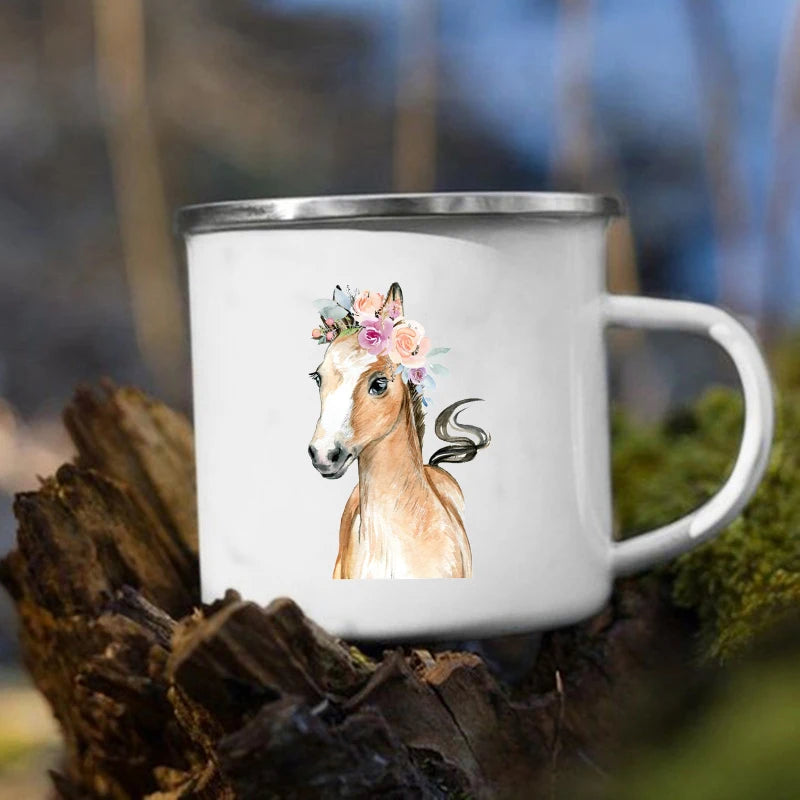 Kawaii Animal Enamel Mug – Kids Horse & Deer Print Cup