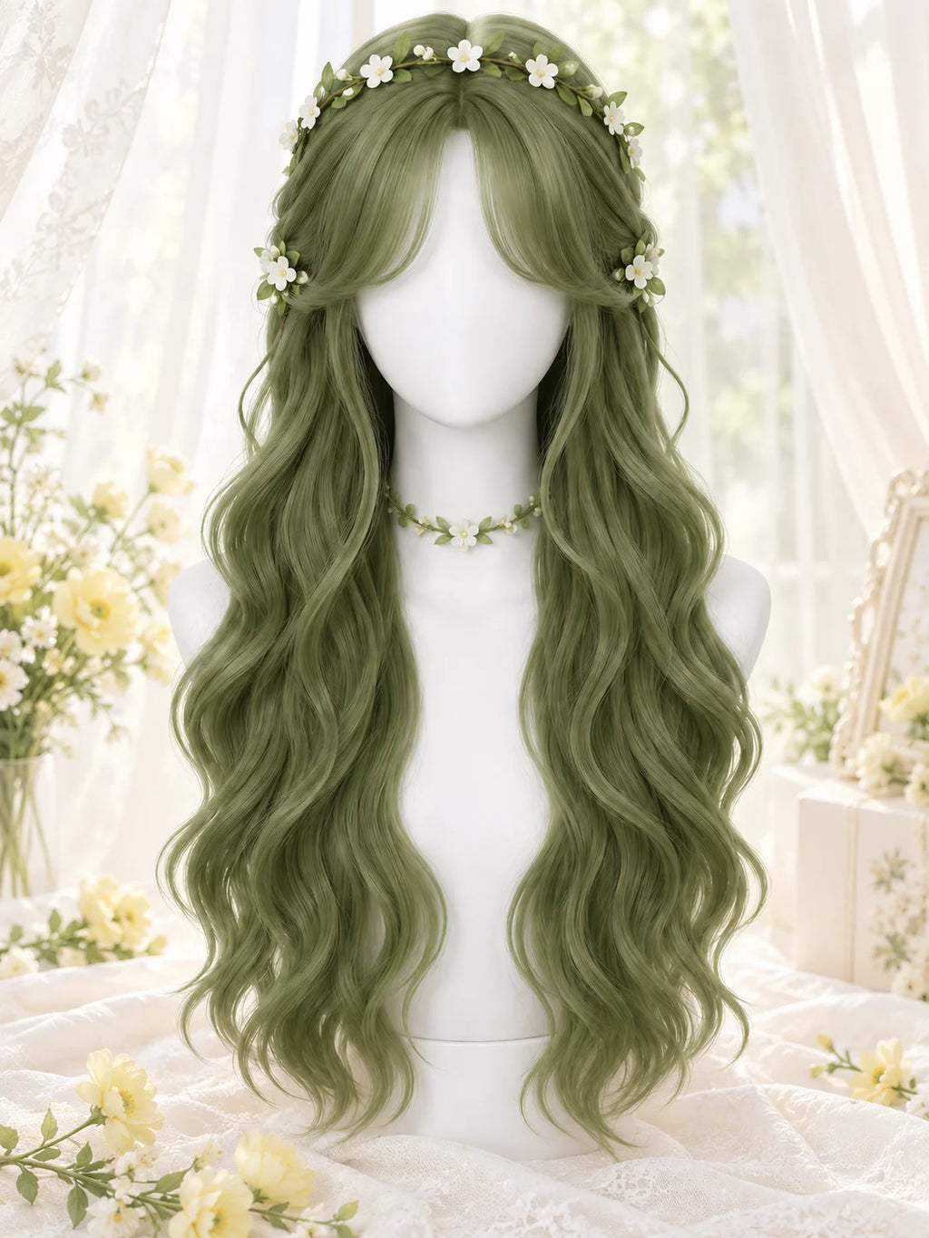 Dark Green Long Curly Wig – Wavy Middle Part Cosplay Hairpiece