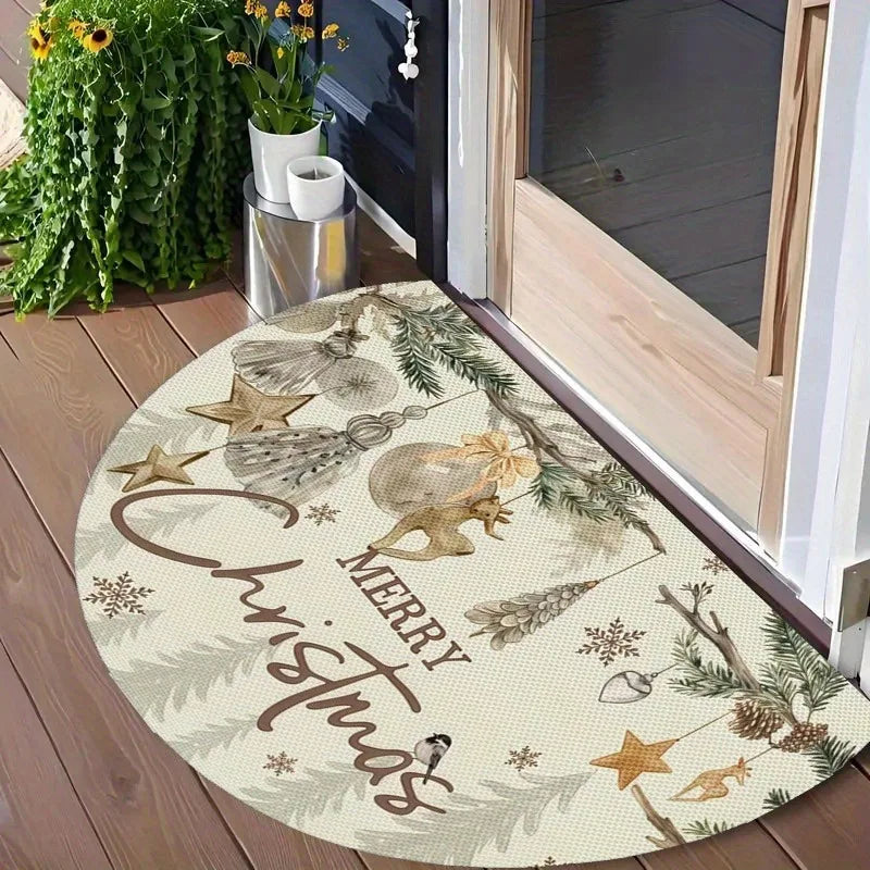 Christmas Half Round Non-Slip Doormat – Beige Felt Welcome Rug