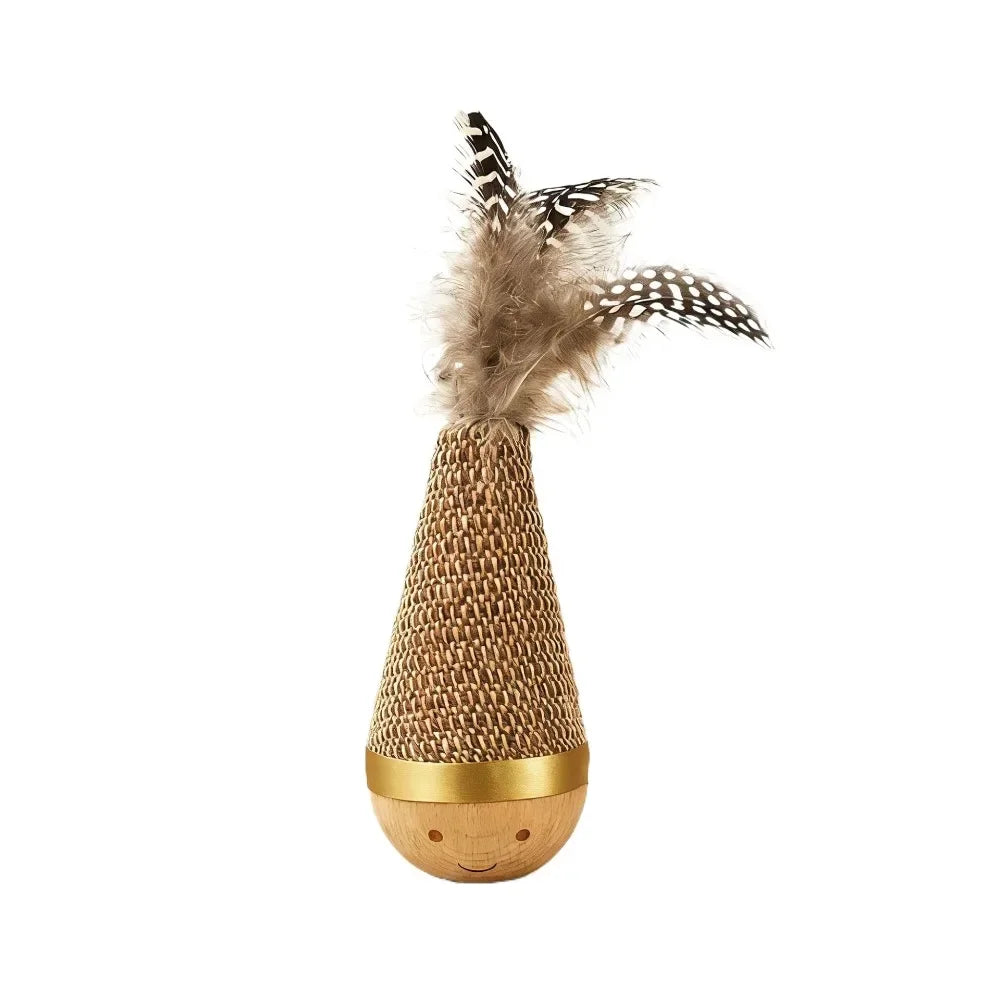 Interactive Cat Tumbler Wobbler Toy – Feather & Wooden Base