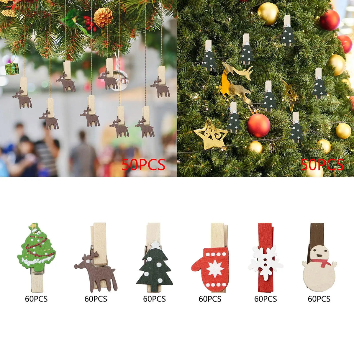 50-Piece Christmas Wooden Clips – DIY Holiday Craft Pins