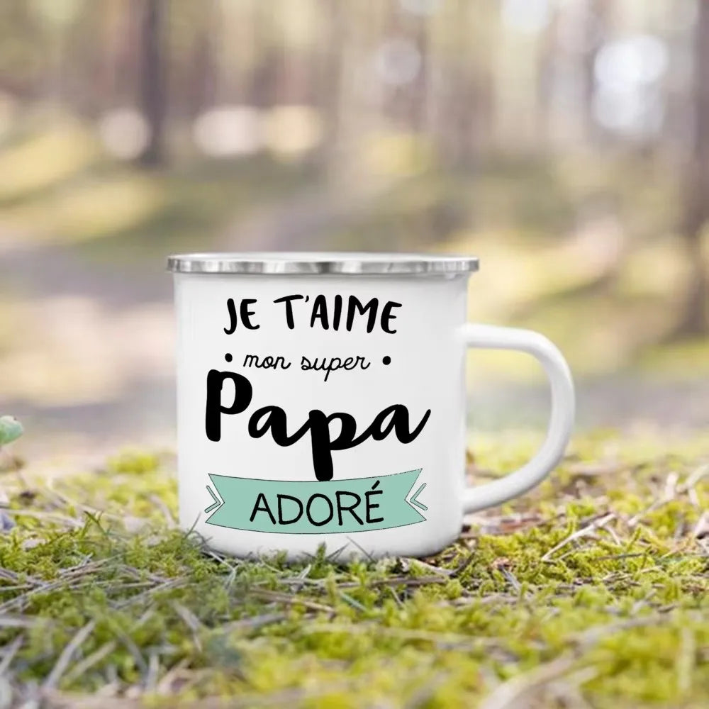 French Print Enamel Camping Mug – Gift for Dad & Mom