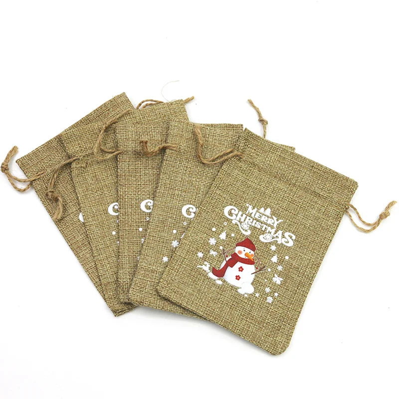 5-Pack Linen Christmas Gift Bags – Apple & Santa Pattern