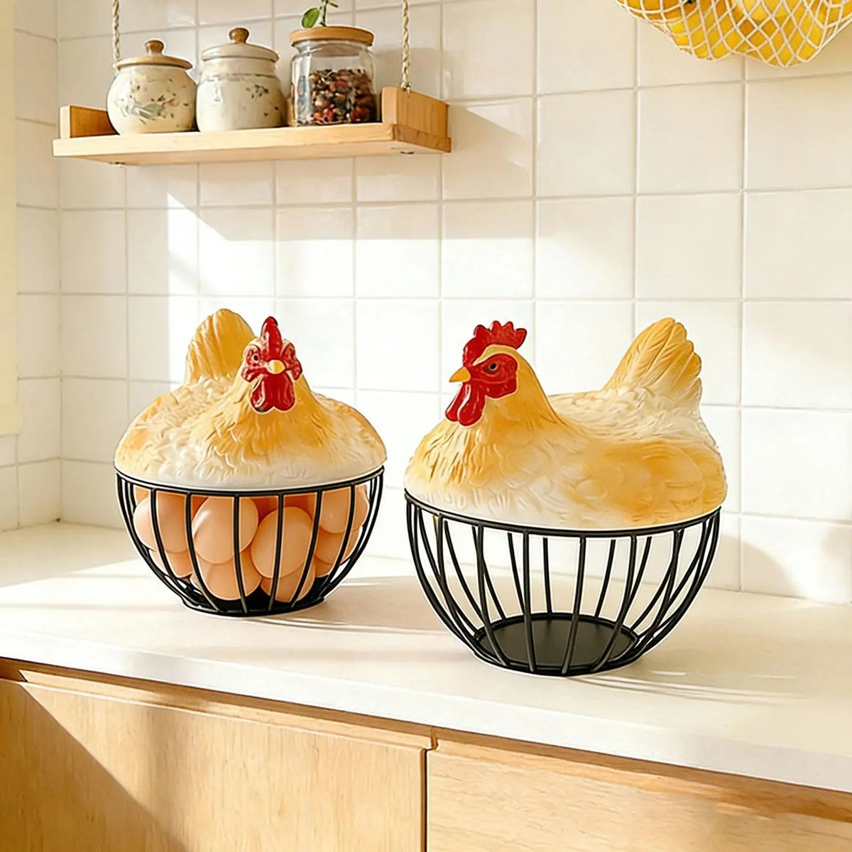 Yellow Chicken Egg Basket with Lid | Iron Resin Storage