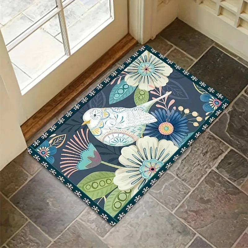 Vintage Hummingbird Doormat – 3D Floral Non-Slip Entryway Rug