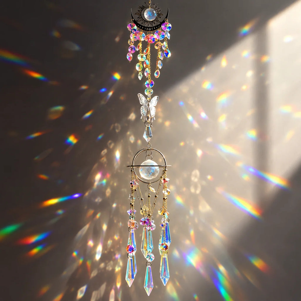 Celestial Sun & Moon Suncatcher Wind Chime | Iridescent Crystal