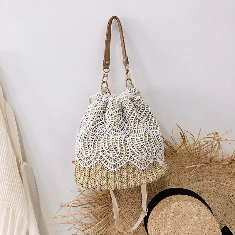 Women's Woven Straw Bucket Bag – Beach Crossbody Handbag