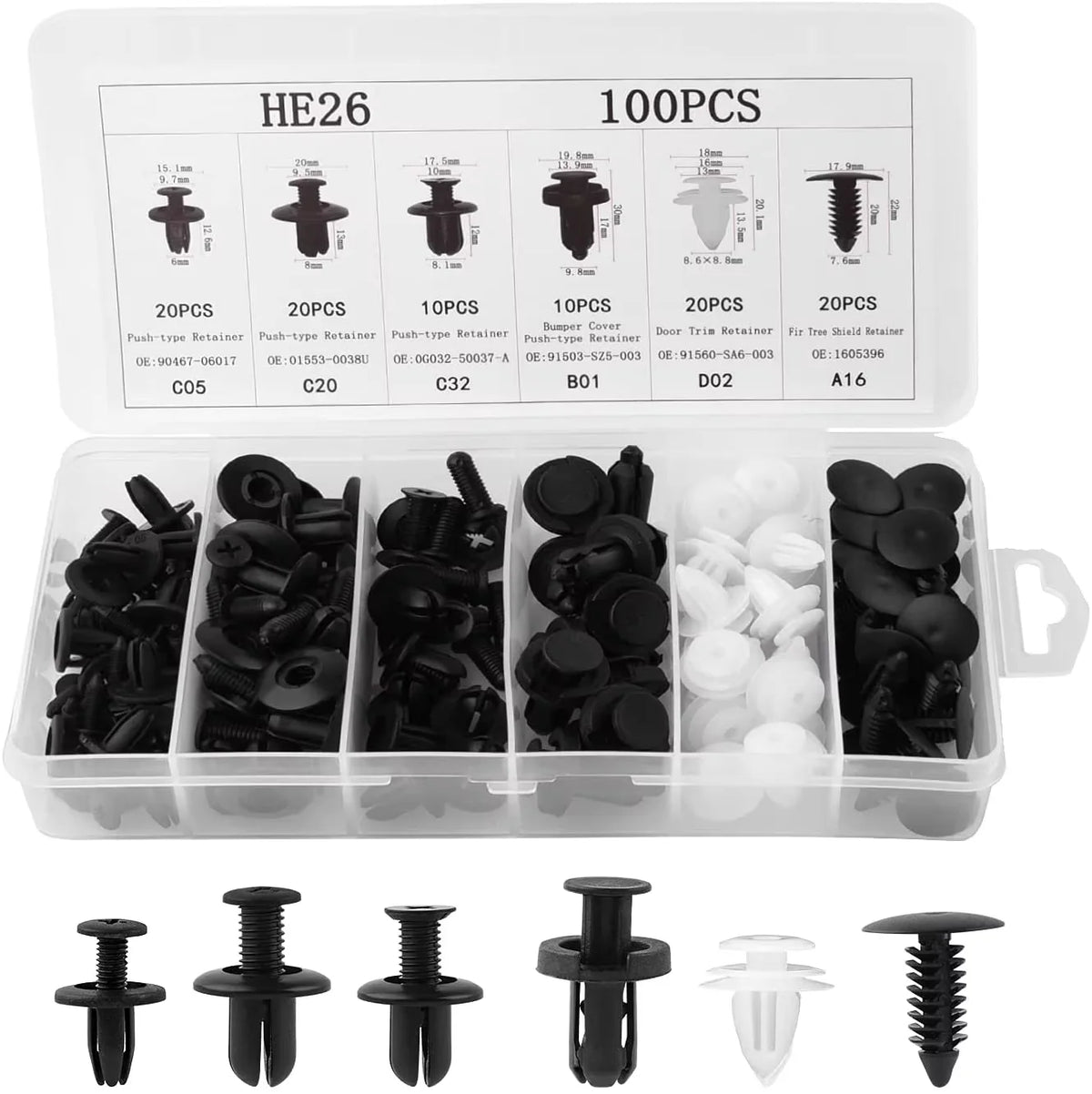 100-Pc Mixed Auto Plastic Fastener Clips – 6-Type Car Trim Kit