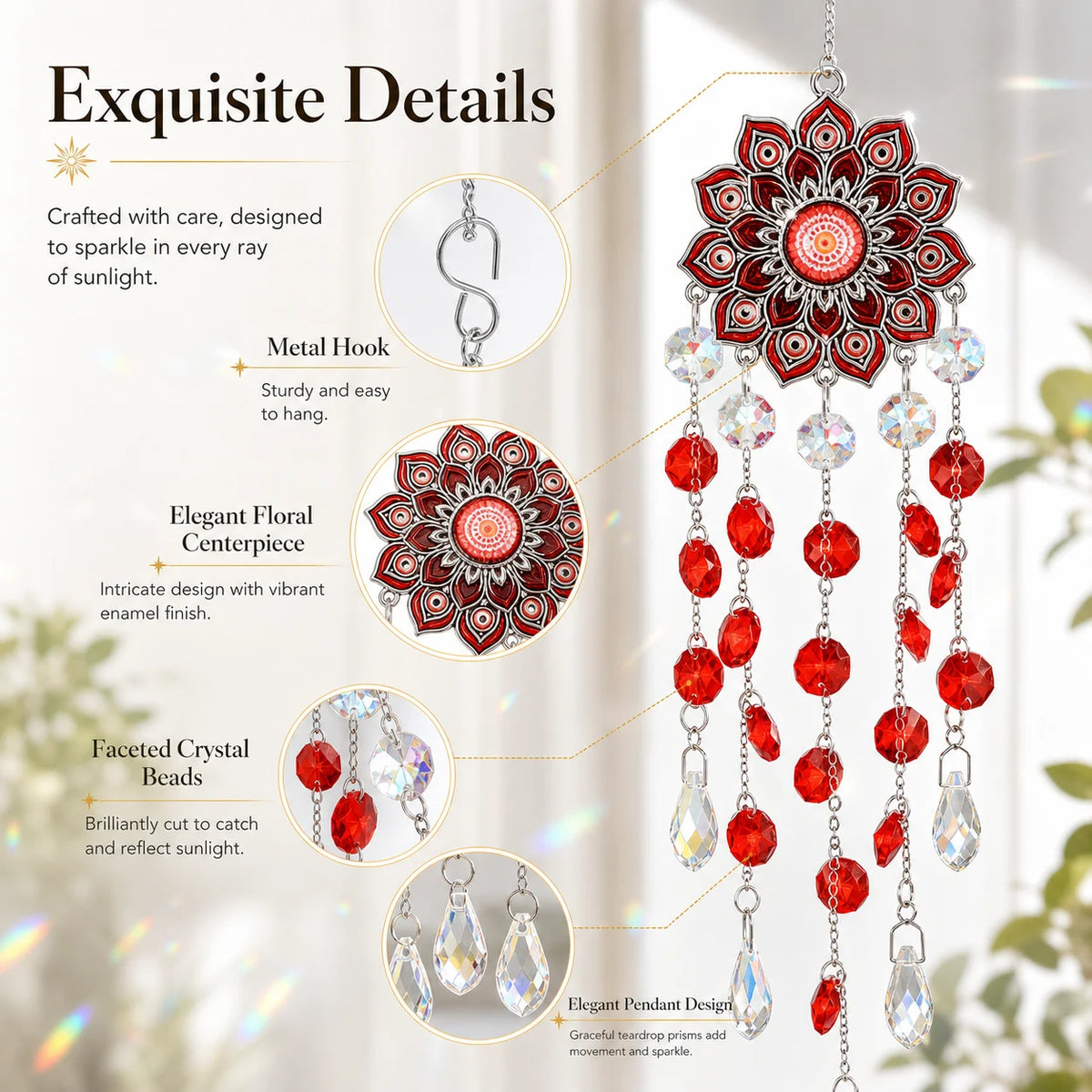 Crystal Sun Catcher Floral Rainbow Prism Pendant – 4 Colors