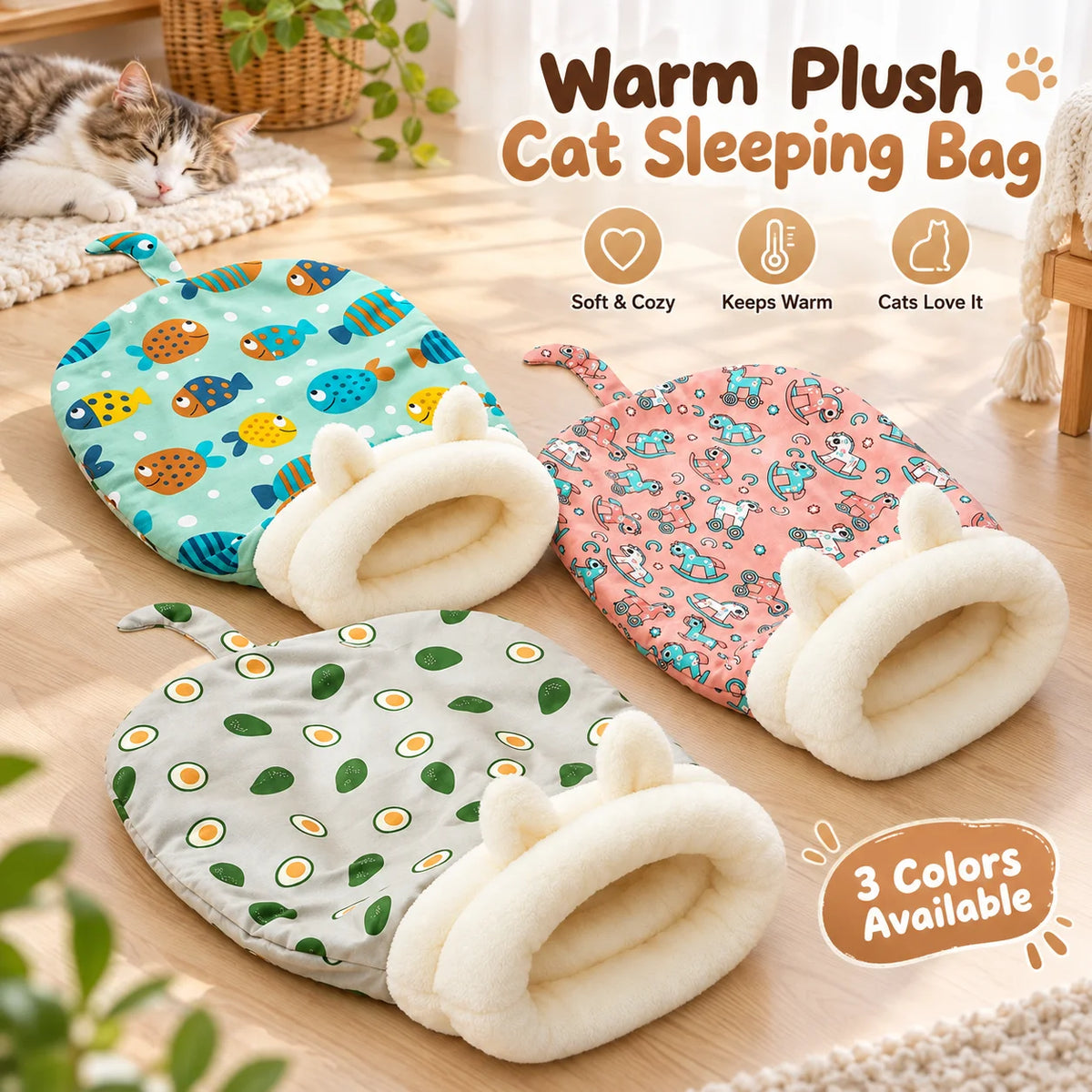 Warm Plush Cat Sleeping Bag – Cozy Cave Pet Bed with Ear Design
