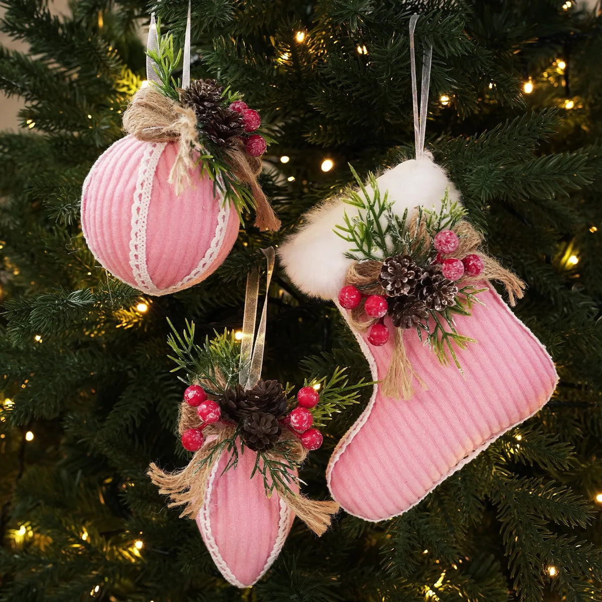 Fabric Christmas Ball & Stocking Ornament | Festive Door Decor