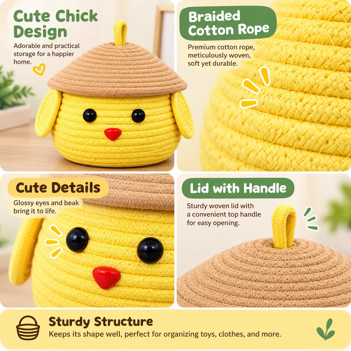 Cute Chick Woven Cotton Rope Storage Basket with Lid