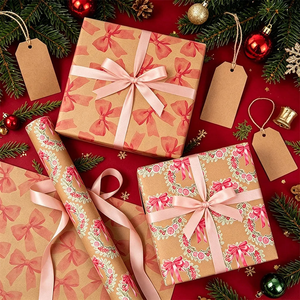 Christmas Kraft Wrapping Paper Roll – Double-Sided Retro Holiday
