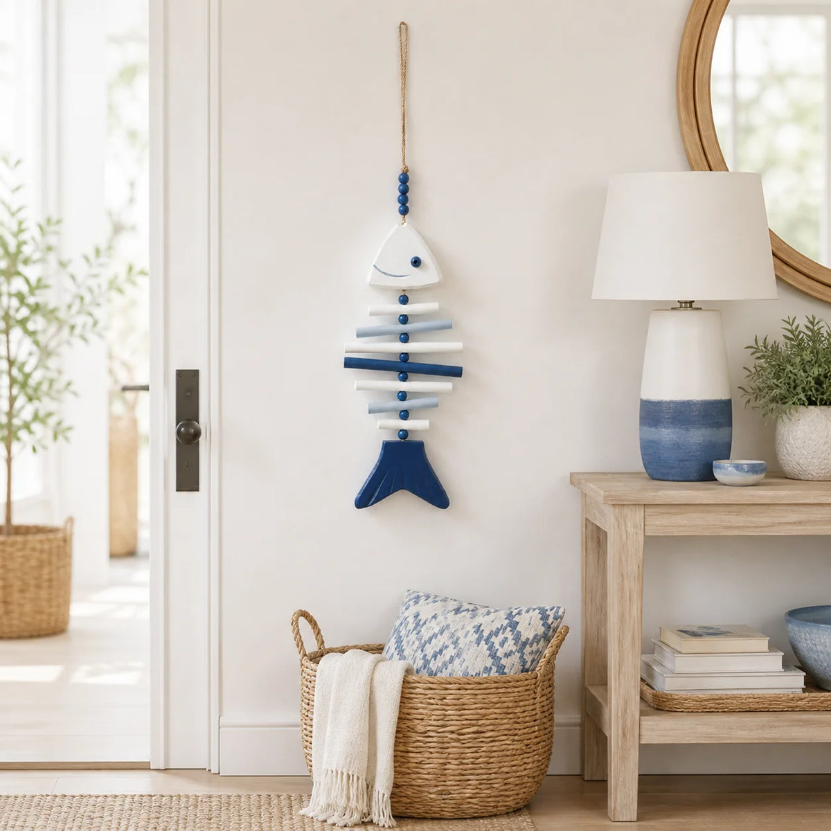 Wooden Fish Bone Wall Hanging – Blue White Nautical Coastal Decor