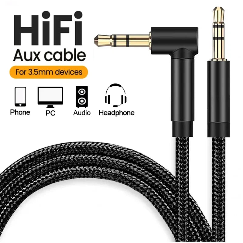 3.5mm 90° Elbow to Straight Male Braided Nylon Aux Audio Cable