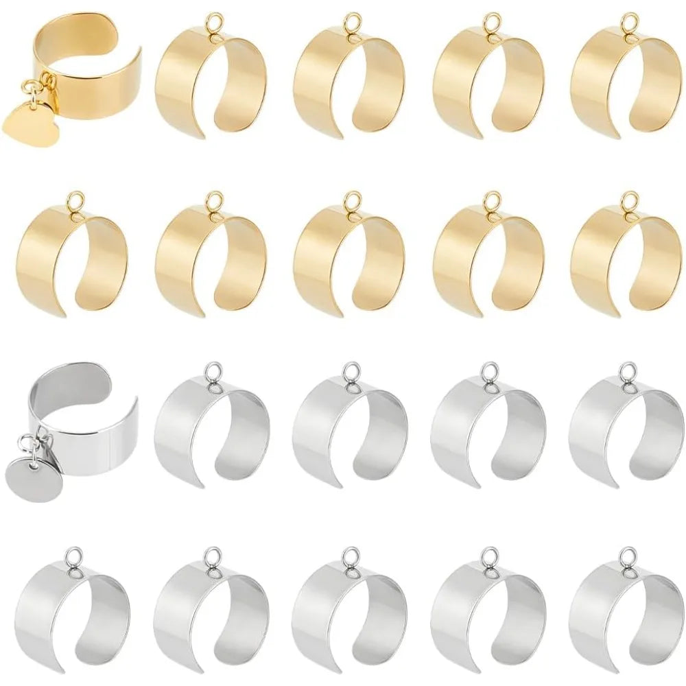 20Pcs Stainless Steel Adjustable Open Cuff Ring Bases with Loop