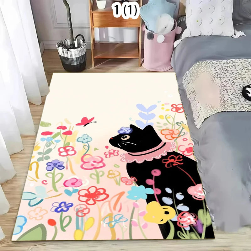 Non-Slip Kawaii Black Cat Area Rug – Washable Kids Room Mat