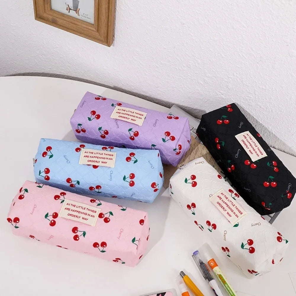 Korean Cherry Print Pencil Case – Large Capacity Quilted Pouch