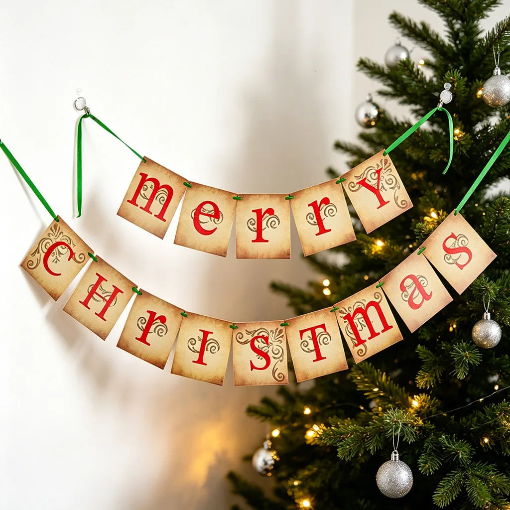 Vintage Christmas Tree Scene Banner – Retro Holiday Wall Décor