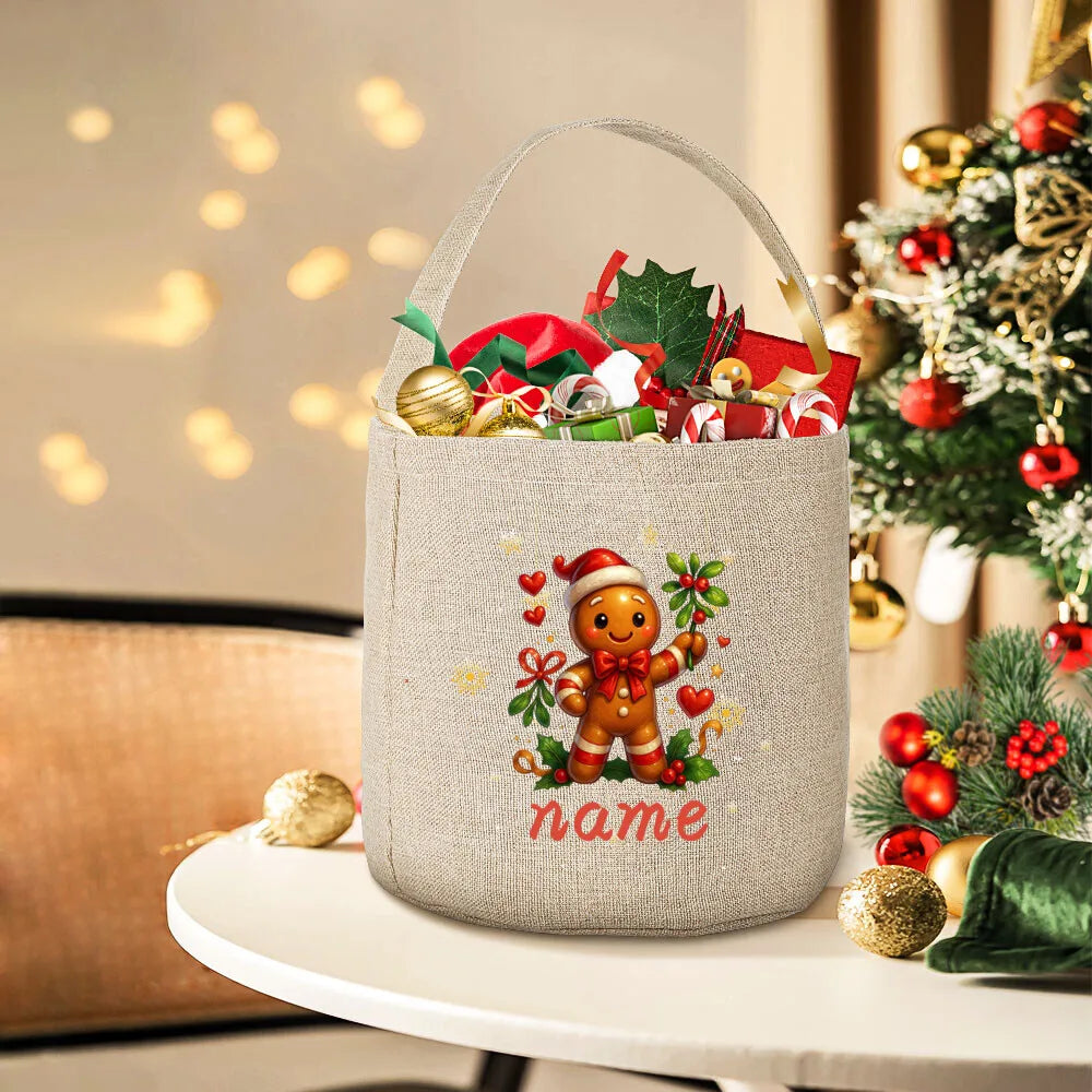 Personalized Christmas Gingerbread Man Linen Gift Bag