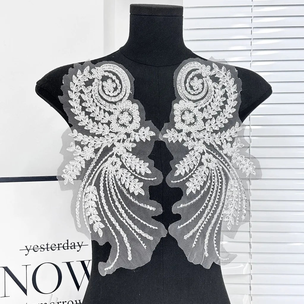 Rhinestone Beaded Sequin Floral Applique Patch Pair for Gowns