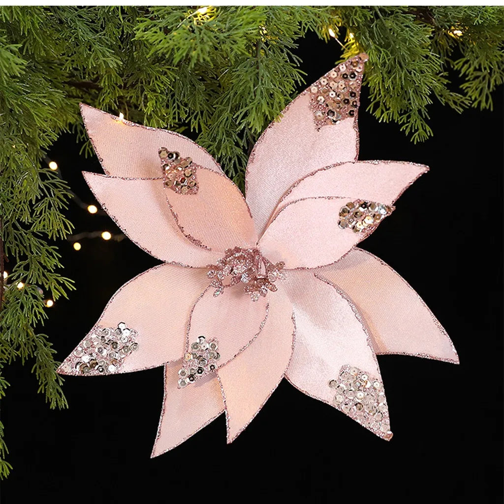 Fabric Sequin Artificial Christmas Rose Flower | Holiday Décor